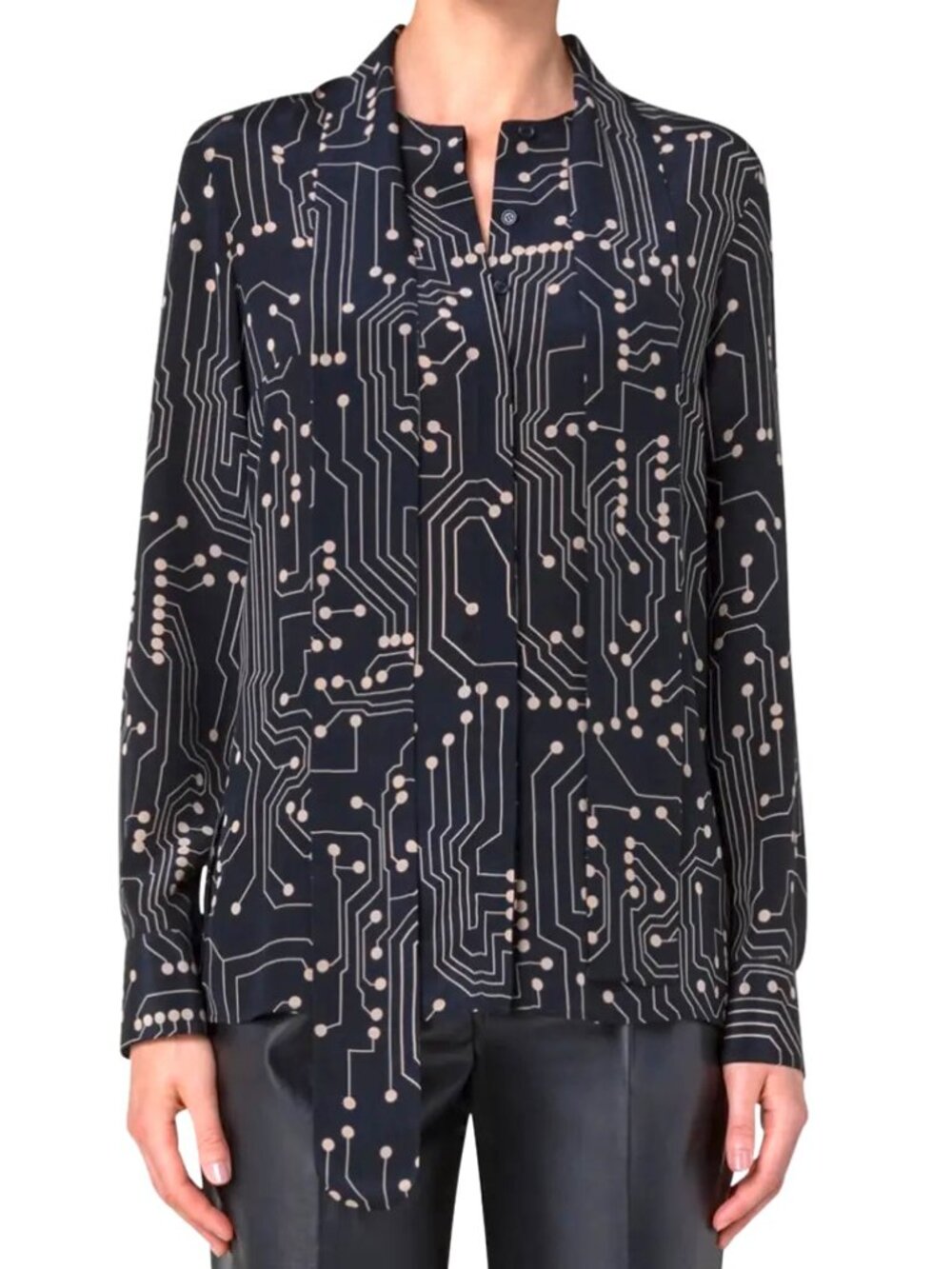 Akris Punto Circuit Board Print Silk Top Blouse Black Stripe Line Dots 10
